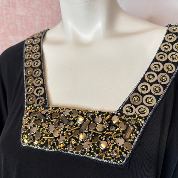 American Glamour Badgley Mischka Black Knit Maxi Evening Gold Beaded Dress sz L - Picture 3 of 9